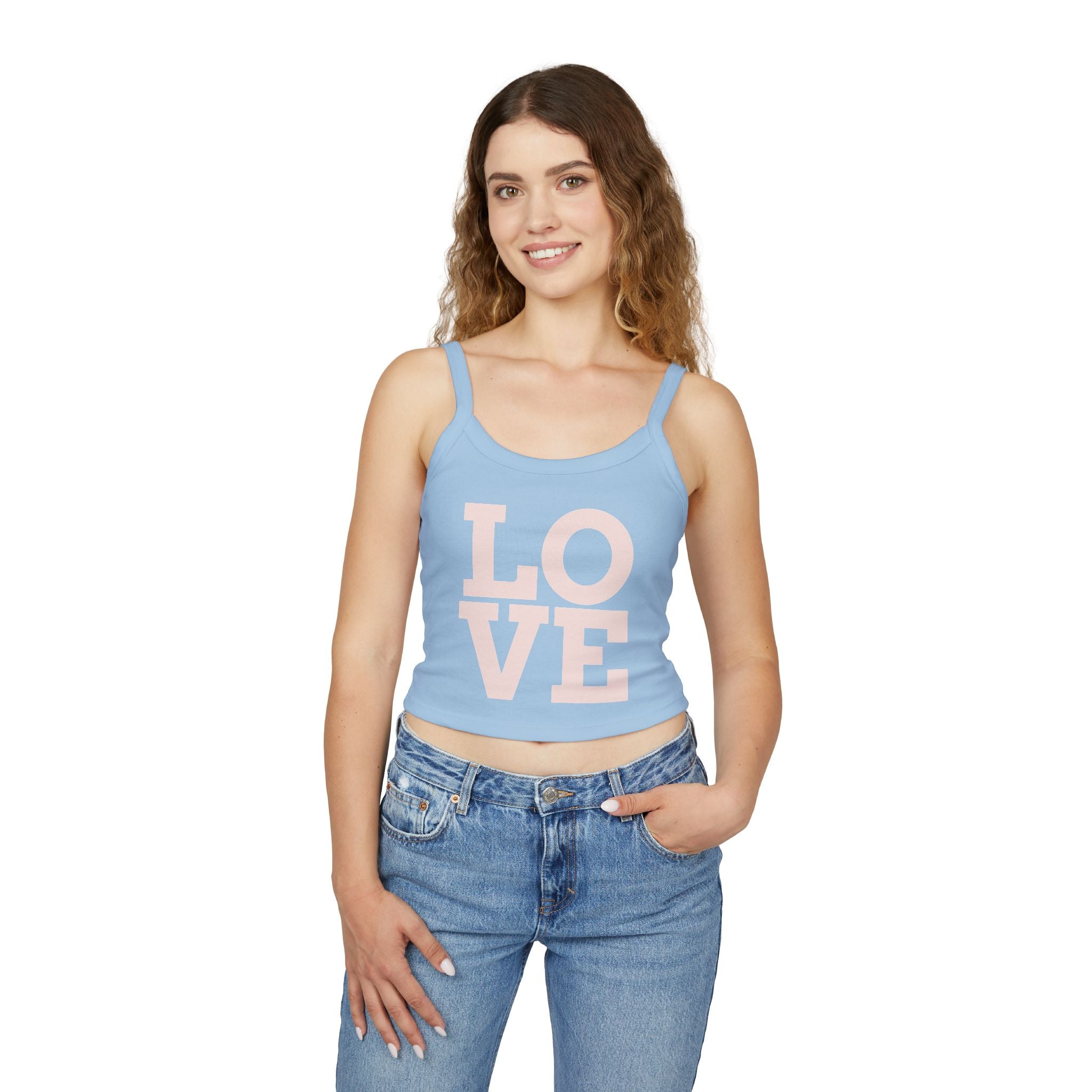Cute Love Spaghetti Strap Tank Top, Summer Fashion, Casual Wear, Gift for Her, Birthday Gift, Beach Day Top, Blue Tank